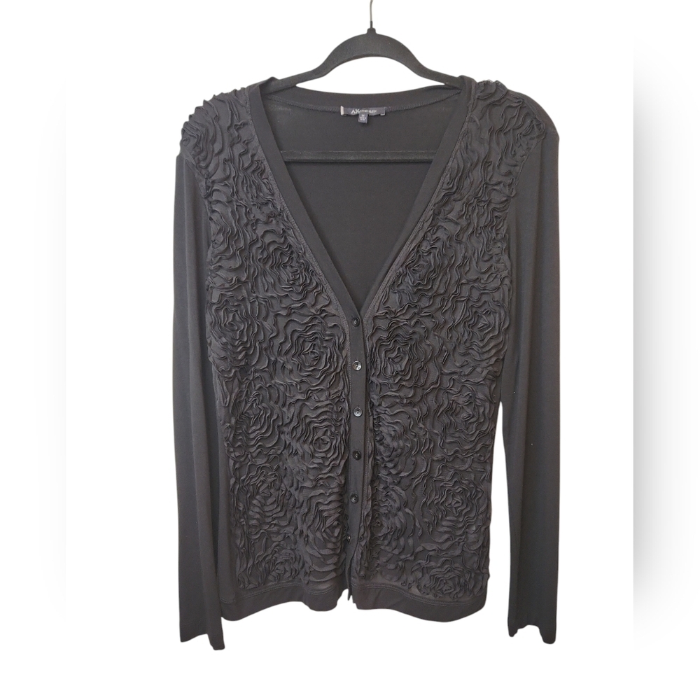 AK Anne Klein Women's Black Button Up Long Sleeve Rosette Detail Cardigan Size M